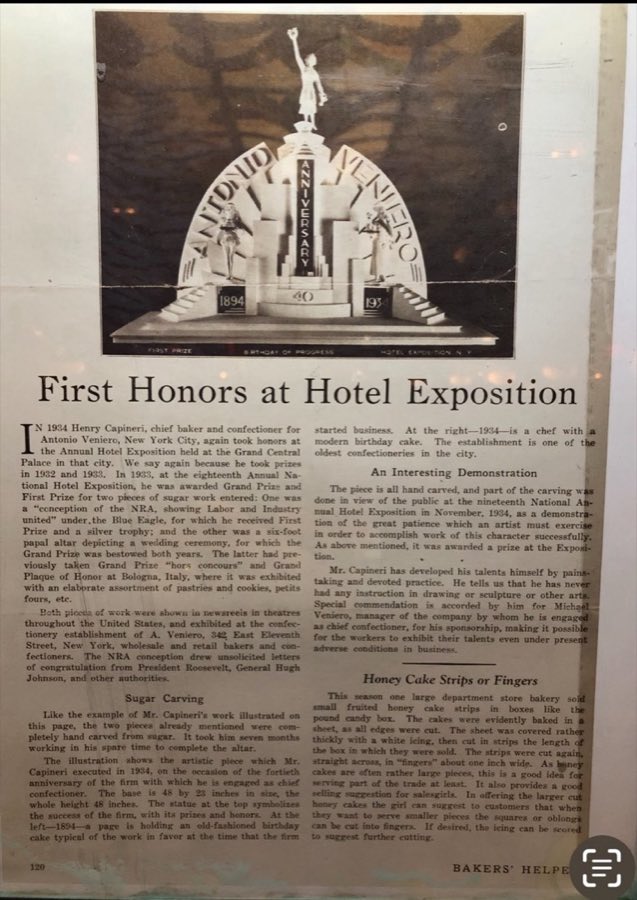 Scanned First Place Hotel Exposition award certificate presented to Veniero's