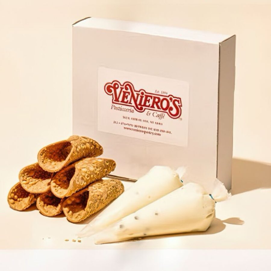 A branded Veniero's Cannoli Kit box with crisp cannoli shells and piping bags of ricotta filling