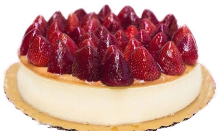 A whole 10-inch New York cheesecake topped with glazed strawberries
