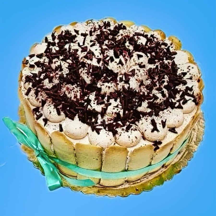 A plated slice of tiramisù dusted with cocoa